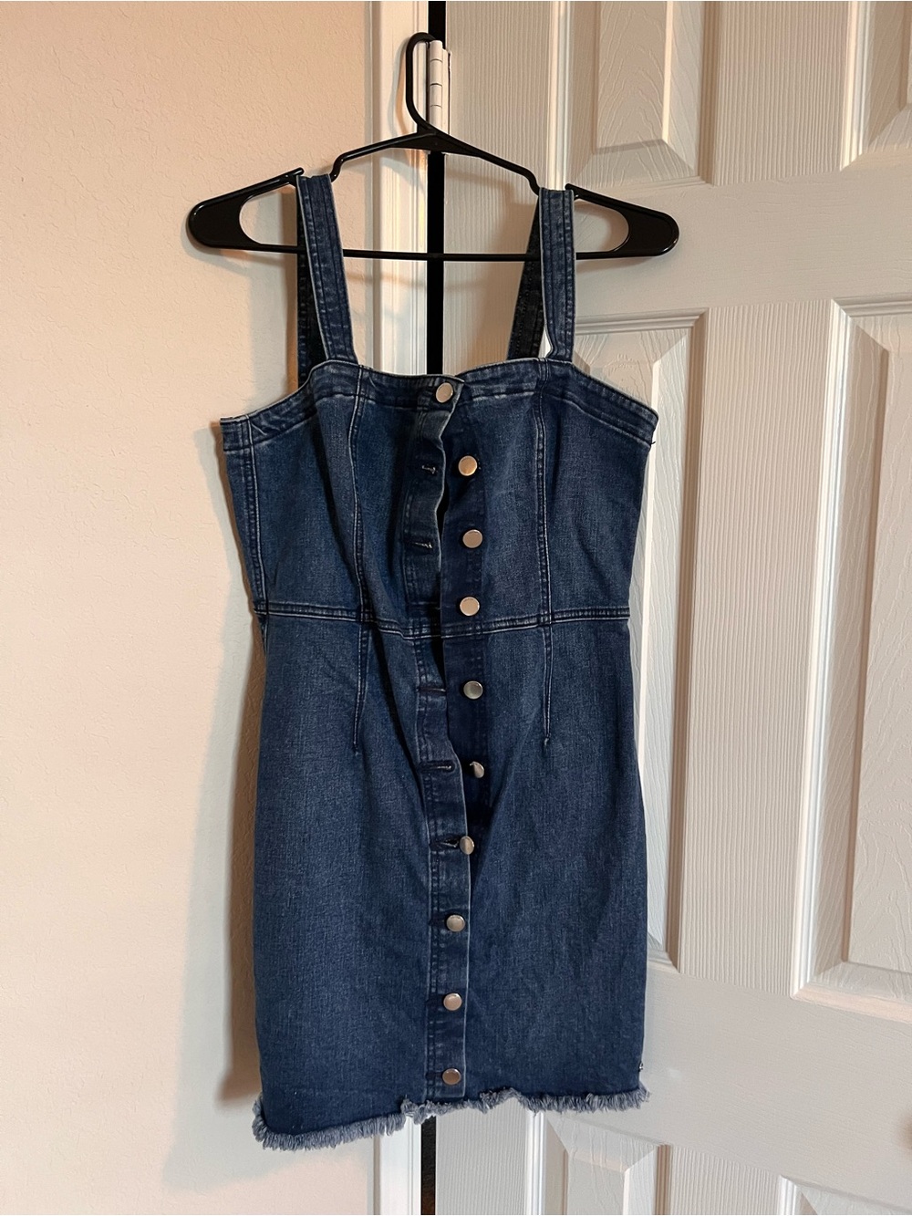 Denim Button-Front Mini Dress in Dark Blue